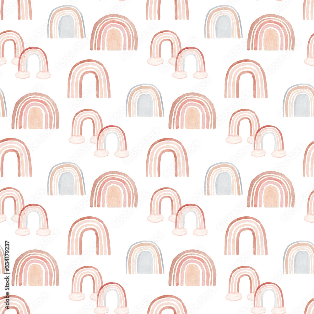 Childish style watercolor rainbow and cloud seamless pattern in neutral color for kids wear. Childish style watercolor rainbow and cloud seamless pattern in neutral color for kids wear.