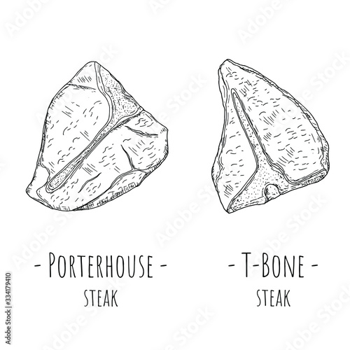 T-bone steak and Porterhouse steak. Vector cartoon illustrations. Isolated objects on a white background. Hand-drawn style.