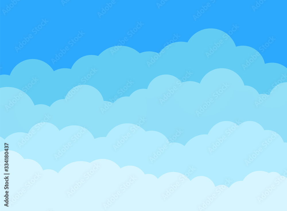 Cloud and sky background in flat style. Cartoon blue cloudy panorama. Cloudscape decorative texture backdrop. Nature heaven wallpaper poster. Clouds horizon space cover. vector illustration.