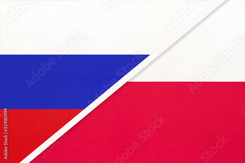 Russia vs Poland national flag from textile. Relationship and partnership between two countries.