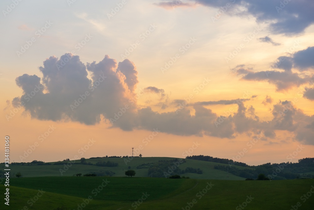 Obraz premium Sunrise or sunset over the hills and meadow. Slovakia