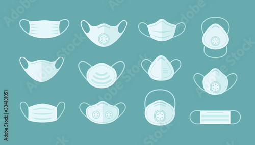 Mask set isolated on blue background. Vector medical doctor, surgical, safety breathing elements mockup. Virus, dust or air pollution face protection