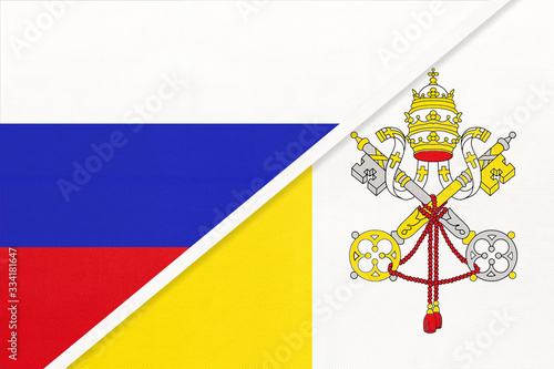 Russia vs Vatican City national flag from textile. Relationship and partnership between two countries.