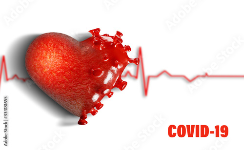 3D render – Concept of cardiogram line of death and healthy - damaged heart by disease called myocarditis or inflammation of the heart muscle caused by Corona virus – Covid-19. Copy space for text, wh photo