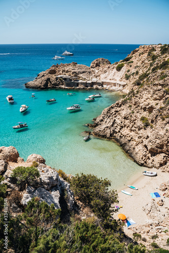 Mediterranean Sea beach at Majorca island, stunning seaside scenery of Cala Moro cove, Spain Balearic Islands.