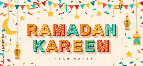 Ramadan Kareem concept banner with traditional lanterns, crescent moon, stars and confetti on light background. Vector illustration. Iftar party flyer or invitation with 3d retro font.