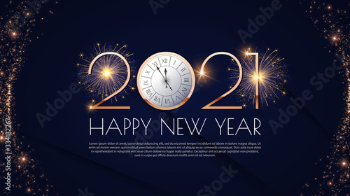 Happy new 2021 year Elegant gold text with fireworks, clock and light. Minimalistic text template.