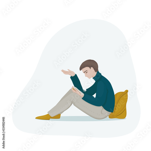 Young man with brown hair in a petrol blue sweater and gray trousers sitting and reading a book leaning on his backpack. Student reading a book. Vector illustration.