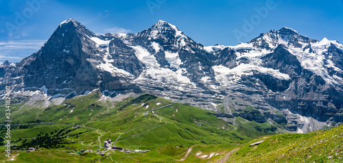 Switzerland, Panoramic view on Eiger, Monch and Jungfraujoch and green Alps around photo