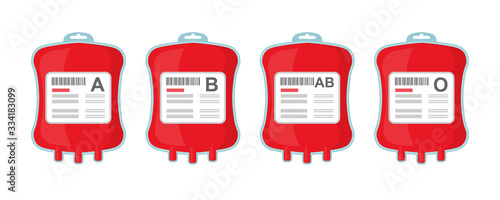 bags with different blood types A B AB O. concept of blood donation to help the victims.