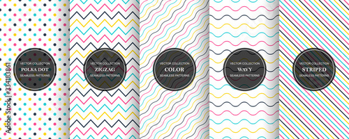 Collection of simple seamless vibrant patterns. Colorful repeatable fashion backgrounds. Minimalistic childish design