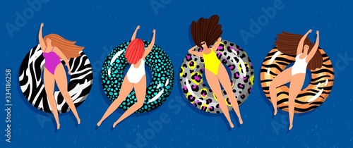Women relax. Girls swimming with floating rings in sea. Pool party, summer vacation vector illustration
