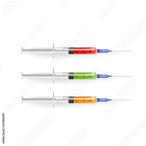 set of medical syringe with needle, with red, green and yellow serum. Realistic sketch vector graphic color illustration on white background