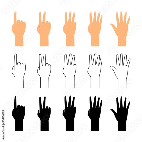 Finger count. Hand counting isolated on white background. People finger numbers countdown vector set