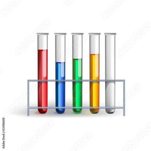Equipment for chemical laboratory. Transparent glass  test tubes with colorful liquids Vector illustration. 