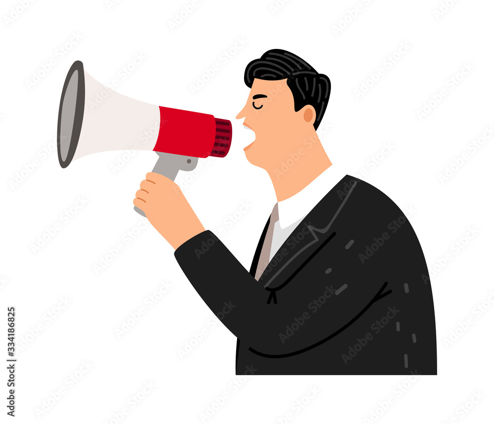 Screaming man. Boss with bullhorn. Manager or team leader with megaphone. Isolated male yell vector illustration Screaming man. Boss with bullhorn. Manager or team leader with megaphone. Isolated male yell vector illustration