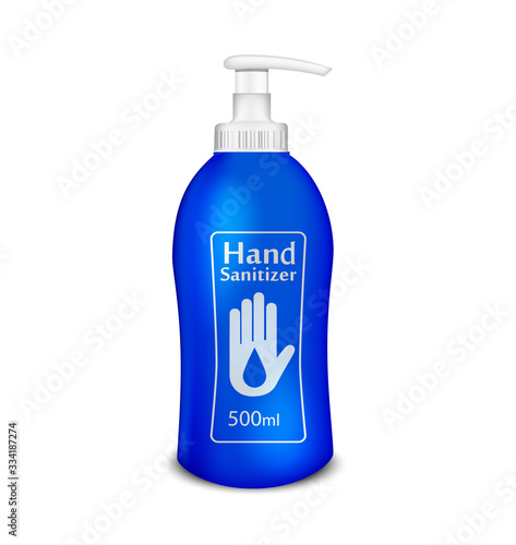 Hand sanitizer in blue bottle alcohol-based hand rub. Rubbing alcohol. Soap dispenser hanging hand wash container. Protection from germs such as coronavirus Covid-19