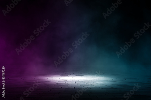 dark background, concentrate floor with glowing purple light stage. 