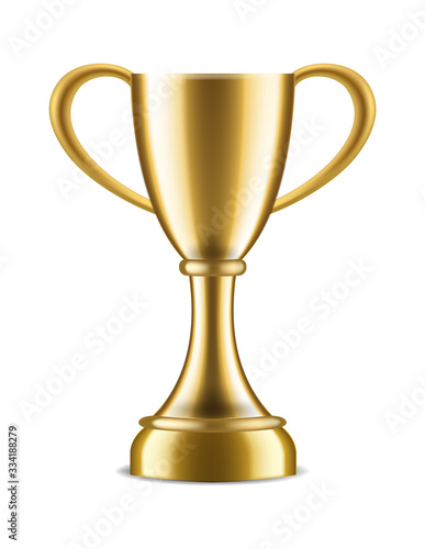 Winner trophy. Sport award for champion victory congratulations, realistic 3d gold vector cup on white background
