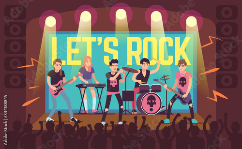 Musicians on concert. Rock band and pop musicians, sound equipment and musical instruments, guitarists and drummer on stage vector concept