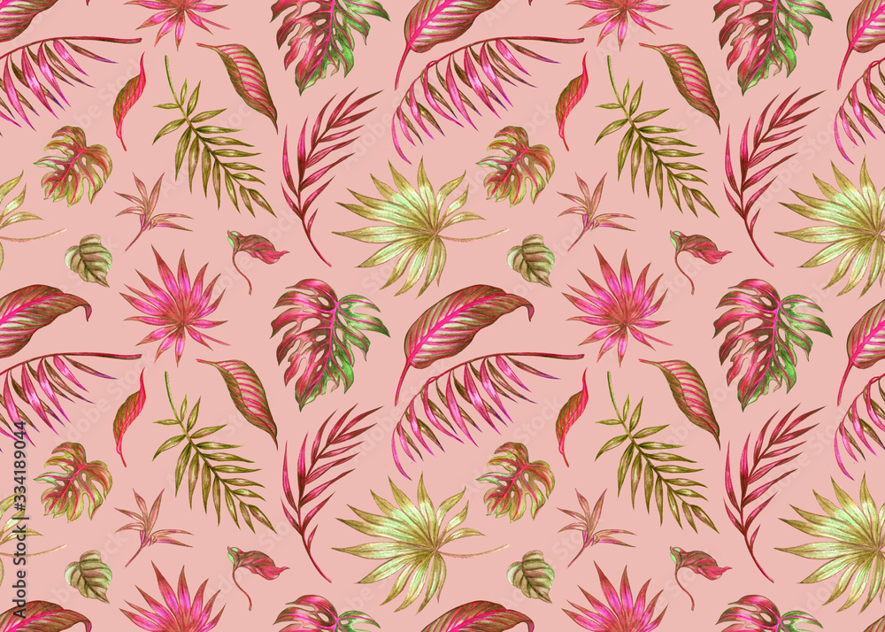 Tropical leaves seamless pattern on coral background, trendy floral print for fabric and various designs. Tropical leaves seamless pattern on coral background, trendy floral print for fabric and various designs.