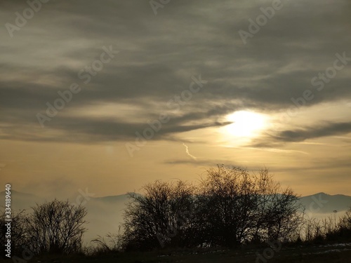 Sunrise or sunset over the hills and meadow. Slovakia 