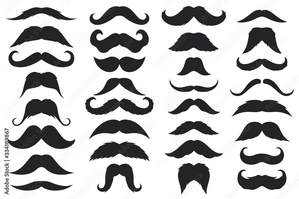 Black moustaches. Mustache silhouettes, hipster and gentleman style elegance design, barbershop facial, face accessory vector icons Black moustaches. Mustache silhouettes, hipster and gentleman style elegance design, barbershop facial, face accessory vector icons