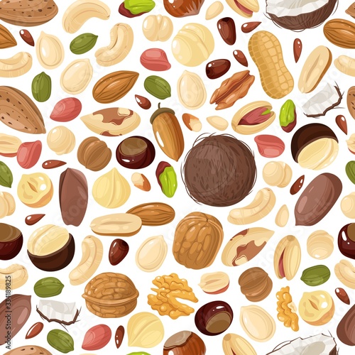 Nuts seamless pattern. Pecan and almond, macadamia and pistachios, peanut and cashew, hazelnut and walnut, brazil nut vector texture