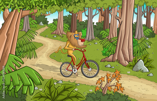 Cartoon yellow baboon monkeys riding bicycle on green forest. Nature landscape.