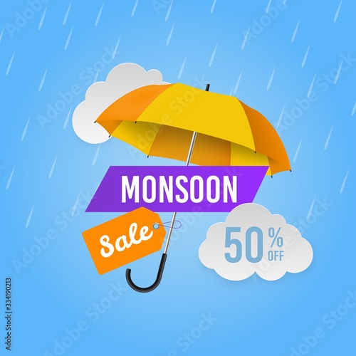 Monsoon sale. Season promotional offers, shop banner. Web header design with umbrella and raindrops advertise discount vector poster