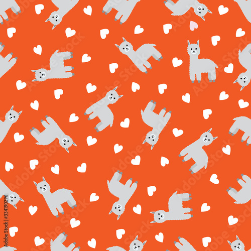 Seamless pattern with llamas alpacas and hearts. Vector illustration.
