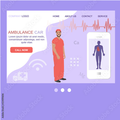 Emergency Hospital Ambulance Medical Rescue Team Web Template Service. Heart First Aid. Medicine Insurance, Health Care Doctor Vector Illustration.