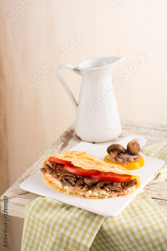 crepe with meat tomato mushrooms