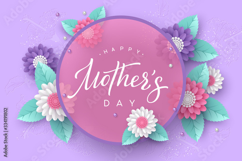 Happy Mothers day typography design. Handwritten calligraphy with 3d paper cut flowers and leaves on purple background. Vector illustration.