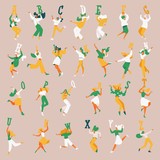 Collection with young women in casual clothes dancing with alphabet letters. English alphabet sequence. Abc set in green, yellow and white
