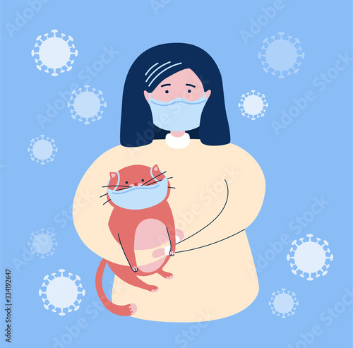 Vector cartoon illustration Coronavirus infection. Girl and cat in the face masks. 2019-nCoV Novel Coronavirus Bacteria. Corona virus outbreak prevention. Card design on Covid-19.Basic RGB