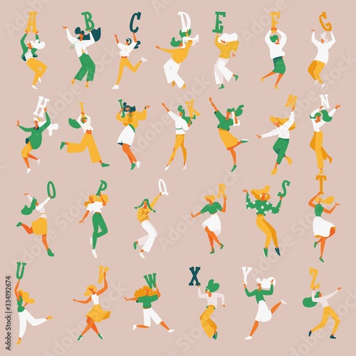 Collection with young women in casual clothes dancing with alphabet letters. English alphabet sequence. Abc set in green, yellow and white