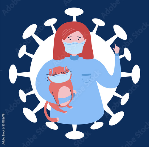Vector illustration Coronavirus infection. Doctor and a cat in the face masks and the Corona virus cell. Covid-19 outbreak prevention informational card design. Basic RGB