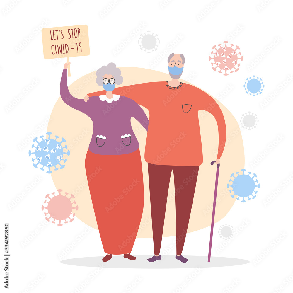 Vector illustration Let's stop Covid-19. Coronavirus and Old people. Older couple and Corona virus outbreak. Protect from the disease poster and card design. Elder generation and new type of Basic RGB