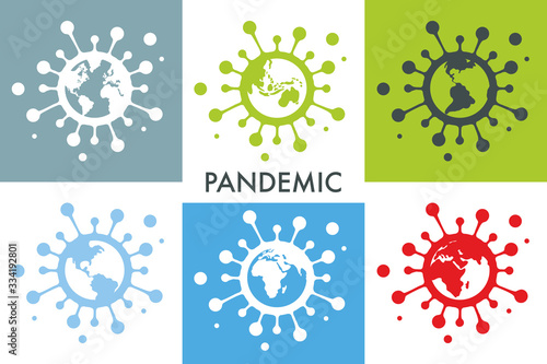 Coronavirus pandemic concept. Novel corona virus epidemic all over the world. Sign combining virus shape and Earth continents. Globe inside covid cell.