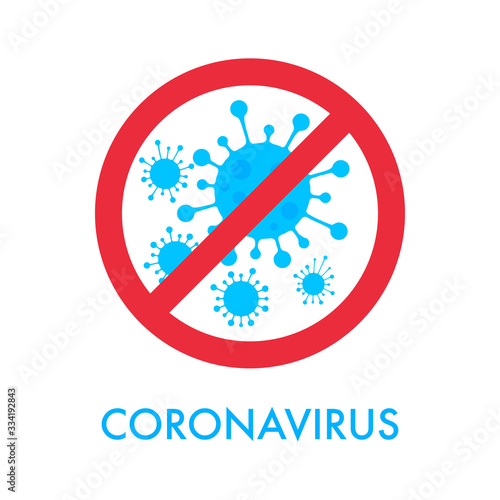 Caution sign, corona virus spread. Covid infection in the air, airborne transmission, coronavirus outbreak. Red prohibit 2019-nCoV danger icon.