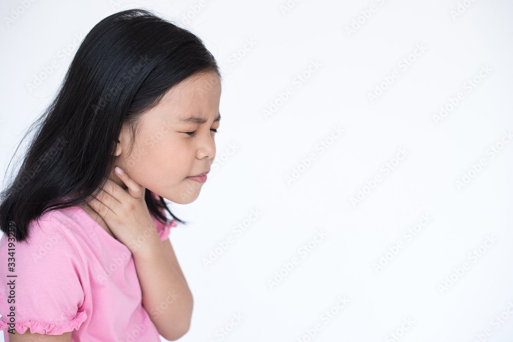 asia little girl feeling unwell and sore throat. as symptom for cold or bronchitis, virus, Coronavirus, (2019-nCoV). healthcare concept. little sick girl sore throat isolated on white background. asia little girl feeling unwell and sore throat. as symptom for cold or bronchitis, virus, Coronavirus, (2019-nCoV). healthcare concept. little sick girl sore throat isolated on white background.