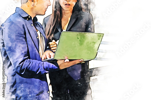 Abstract business partnership talking and discuss on watercolor illustration paintng background. photo