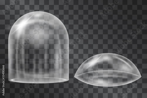 Glowing glass dome cases, semi spherical and capsule shapes isolated on transparent background. Bulged plastic or other glossy material cover. Galley or museum exhibition display protection container.