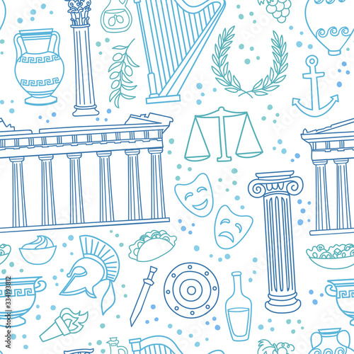Greece. Vector seamless pattern with famous Greek symbols and landmarks. Hand drawn doodle elements on white. Travel endless background for country promotion.Basic RGB