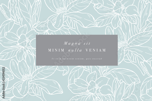 Vintage card with magnolia flowers. Floral wreath. Flower frame for flowershop with label designs. Summer floral magnolia greeting card. Flowers background for cosmetics packaging.