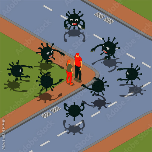 Man and woman violate quarantine. Viruses are attacking people in isometric.