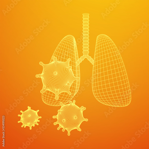 Corona Virus and Lungs with trachea bronchi internal organ human. Covid virus pulmonology medicine science concept. Wireframe low poly mesh vector illustration.