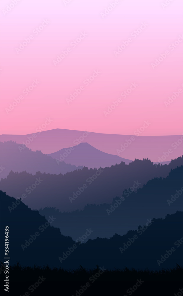 Obraz premium Natural forest mountains horizon hills silhouettes of trees. Evening Sunrise and sunset. Landscape wallpaper. Illustration vector style. Colorful view background.