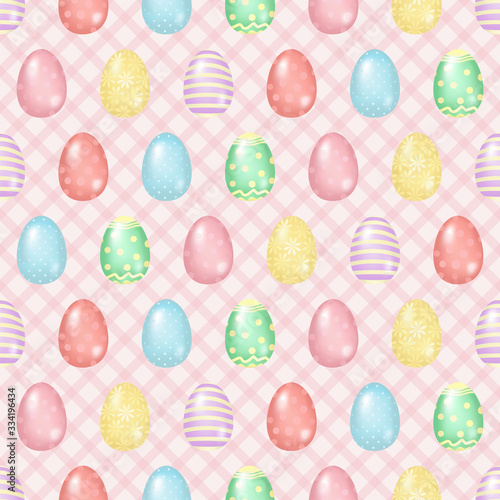 Hand drawn seamless pattern of many eggs with lines, circles, flowers, glare, checkered background. Colorful spring doodle illustration for Easter, greeting card, invitation, wallpaper, wrapping paper